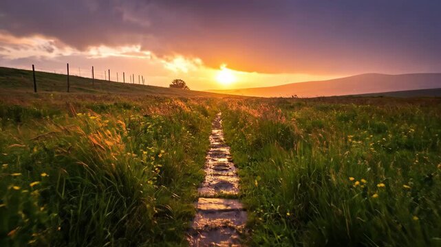 Serene Sunset Over Green Meadow Pathway in Nature.