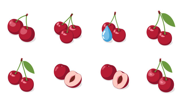 set of hand drawn cherry fruits with leaves half cut and water drop in colorful style