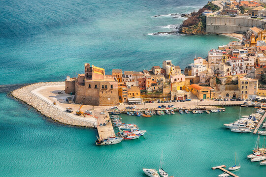 Remarkable aerial cityscape of Castellammare del Golfo town. Popular travel destination of Mediterranean sea.