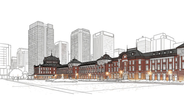 jonathan train station with red brick architecture and modern skyscrapers hand drawn urban cityscape illustration