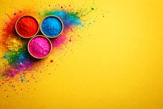 Three bowls of colorful powder scattered beautifully across a bright yellow background prepared for the happy holi celebration alongside holika dhan and fun rang panchami