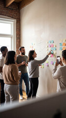 Fototapeta premium A group brainstorm in progress, individuals gather to share ideas and document them, generating a creative atmosphere and showcasing team work.
