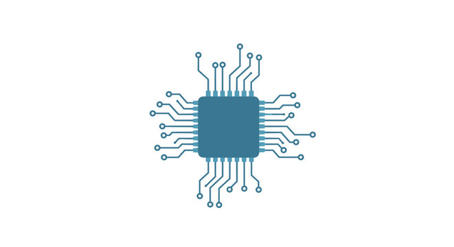 blue microchip with circuit lines technology flat style electronic component illustration