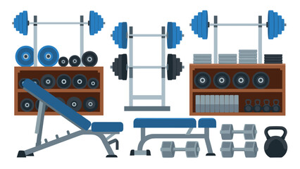 Naklejka premium fitness gym equipment set with benches dumbbells kettlebells and weight racks flat vector illustration