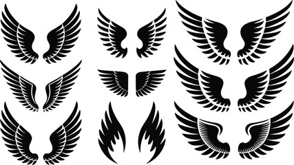 Obraz premium Set of black angel wings silhouettes collection isolated on white background, decorative flying feather emblem vector design pack