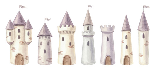 Hand painted watercolor castle towers in soft pastel tones, ideal for fairy tale themes, princess parties and kids room prints © Munira