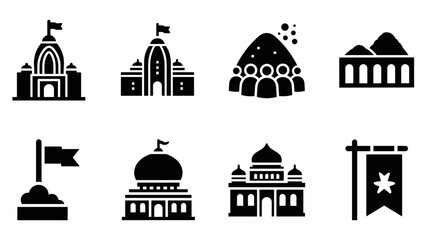 set of black silhouette Indian temple and cultural icons collection in flat style