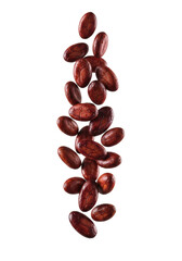 Obraz premium dozens of raw, glossy, deep reddish-brown cocoa beans, ultra-detailed and textured, suspended mid-fall against a transparent studio background with copy space, concept for quality ingredient