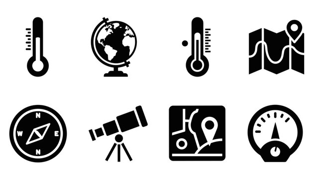 set of black silhouette geography and navigation icons including thermometer globe map compass telescope speedometer