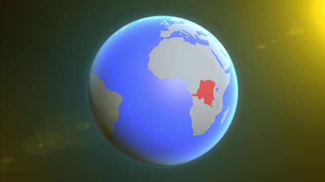 The animation shows a graphic representation of the earth and highlights the location and map of Democratic Republic of the Congo colored red.