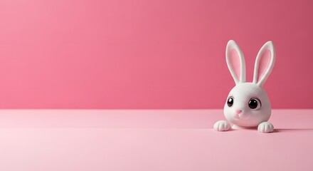 Obraz premium Happy easter celebration with adorable white bunny on pink background