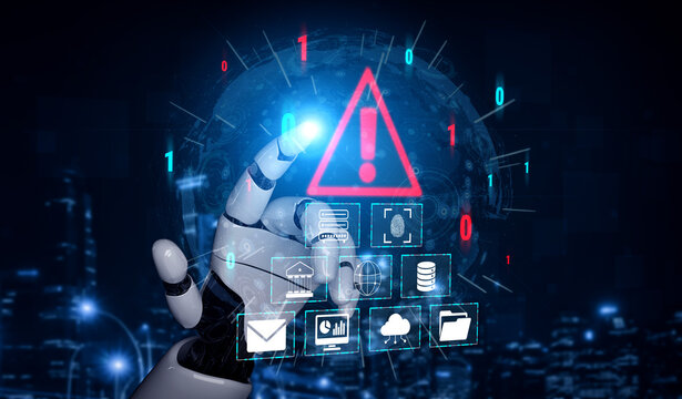 Futuristic robotic hand interacting with digital interface, warning symbols, and data visuals in a high-tech environment Quark.
