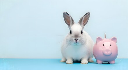 Obraz premium Happy easter bunny and piggy bank savings concept for kids