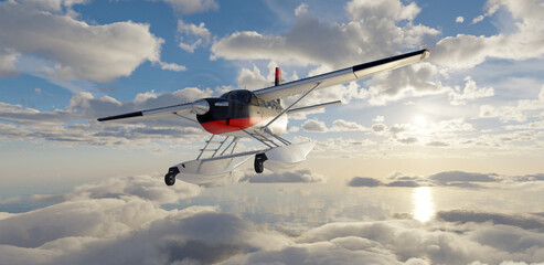 Seaplane Flying Above Clouds at Sunrise Over Ocean — 3D Rendering of Floatplane In Flight © edb3_16