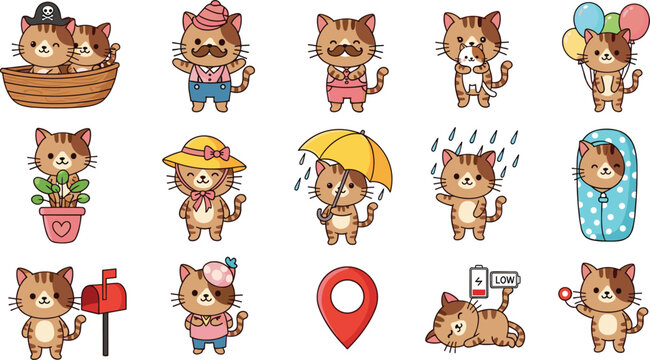 Kawaii Cute Cat Character Vector Icon Set Featuring Various Activities Like Sailing, Gardening, Traveling, Rainy Day, Tiredness, and Celebration for Stickers and Emoticons