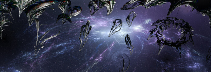 Alien Fleet Over Nebula: Futuristic Metallic Ships and Cosmic Fractal Structures in Space © edb3_16