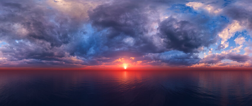 Dramatic Sunset Over Ocean Horizon With Moody Clouds &mdash; 3D Rendering Panorama