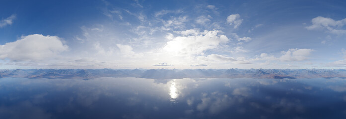 Naklejka premium Panoramic Lake Reflection With Mountain Range Under Blue Sky — Serene Scenic 3D Rendering