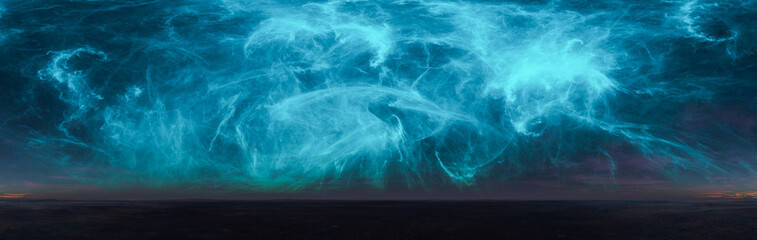Turquoise Nebula Over Dark Horizon — 3D Rendering of Cosmic Sky and Ethereal Light Panorama © edb3_16