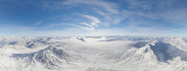 Snowy Mountain Panorama With Glaciers and Ice Fields Under Blue Sky — 3D Rendering Scenic Winter Landscape © edb3_16
