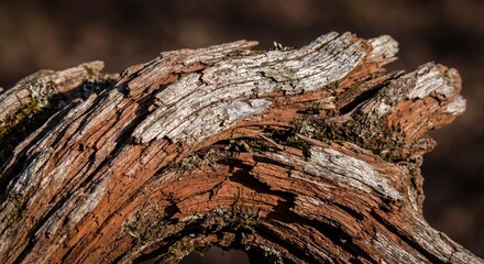 A close-up view of a weathered and moss-covered tree stump in a natural outdoor setting.