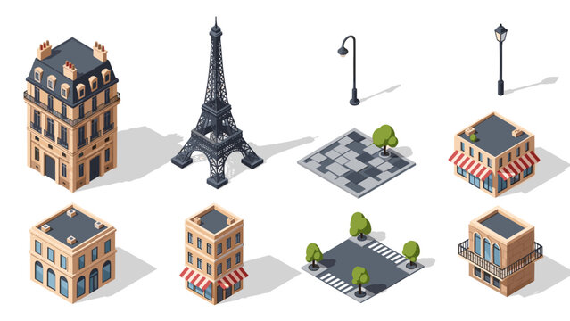 isometric paris city buildings eiffel tower and street elements set in flat style
