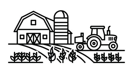 Simple line drawing of a farm scene with a barn silo tractor and crops © ASK_Studio