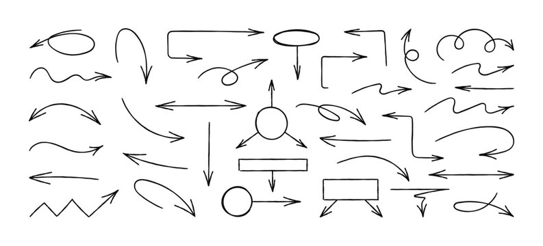 Creative set arrows of hand-drawn - grunge. Beautiful, thin and graceful pointers in the form of arrows, with circles and square frames. A varied of pointers in the style of sketch, doodle. Vector set