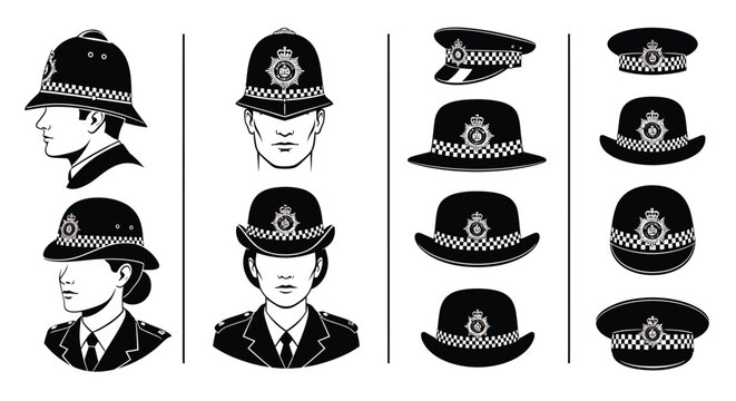 Collection of traditional British police uniform hats and helmets in a monochrome vector illustration graphic design