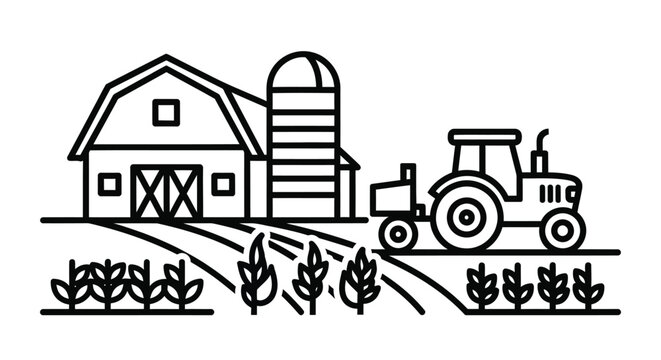 Simple line drawing of a farm scene with a barn silo tractor and crops