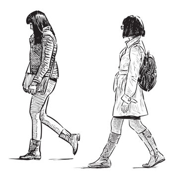 Two young casual towns women,  pedestrians walking along street, realistic sketches, vector hand drawing isolated on white background