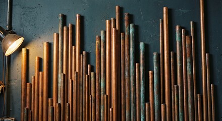 Obraz premium A unique wall art installation made of copper pipes in a modern industrial setting