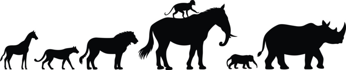 Animal silhouettes, giraffe, cheetah, lion, horse, monkey, elephant, baby elephant, rhinoceros, wildlife diversity, nature illustration, vector, safari, zoo, jungle © Enamul