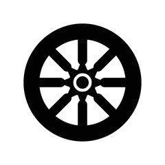 Obraz premium A simple black and white silhouette of a spoked wheel, resembling a simplified artistic representation of a large circular object with spokes radiating from a central hub
