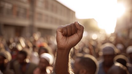 Black raised fist in front of blurred crowd at sunset. Protest scene representing Africa Liberation Day, solidarity, equality and fight for independence