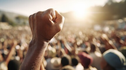Raised clenched fist above large crowd during Africa Liberation Day rally. Close up of hand symbolizing unity, resistance and freedom in powerful public demonstration