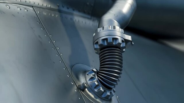Detailed close-up of an airplane's flexible fuel hose and metal skin with rivets