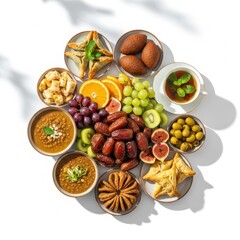 Festive Middle Eastern Iftar food spread for Ramadan celebration, top view on white background