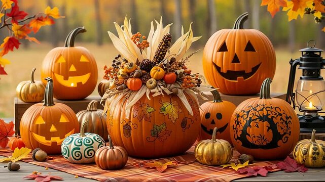 A vibrant autumn scene featuring decorated pumpkins and fall foliage in a festive outdoor setting