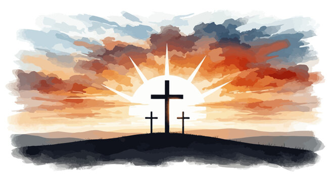 Sunset silhouette of three crosses on a hill with radiant clouds