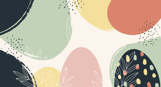 Abstract pastel easter egg background with organic shapes and leaves