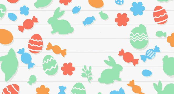 Colorful easter pattern with bunnies, eggs, and candy on wooden background