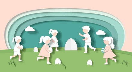 Fototapeta premium Paper art spring scene with children egg hunting in pastel landscape