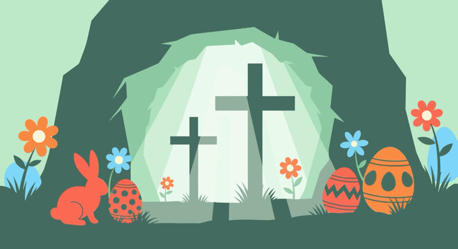 Easter cave scene with crosses, bunny, and decorated eggs in paper art