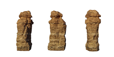 Three Sandstone Hoodoos Isolated On White Background &mdash; 3D Rendering Of Rock Formations