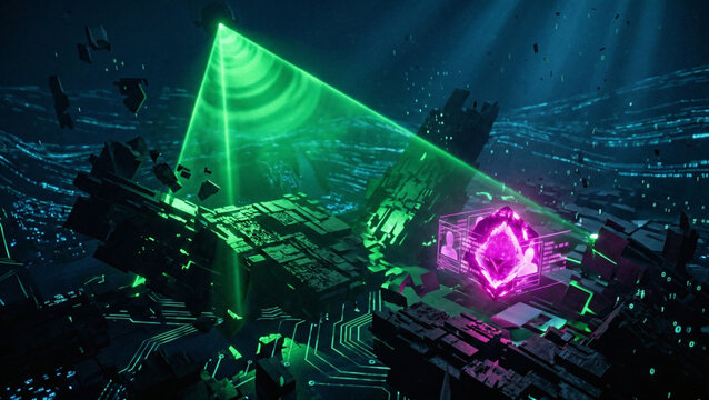 Abstract visualization of dark web threat intelligence with a green sonar beam scanning digital ruins to find a stolen magenta identity file