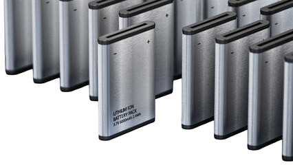 Lithium Ion battery stands out among others on transparent background. 3D illustration © Destina