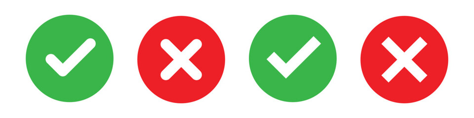 Obraz premium Green check mark and red cross icon set with approval and rejection symbols in circle shapes vector illustration design