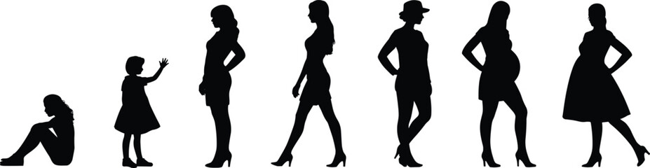 Female life stages silhouette, childhood to adulthood, growth progression, pregnancy, aging woman, generational timeline, human development, evolution, lifestyle illustration