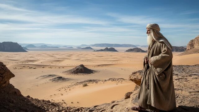 Old man in traditional arabic clothes stands on a rock overlooking a vast desert landscape. Biblical scene with a prophet or nomad.